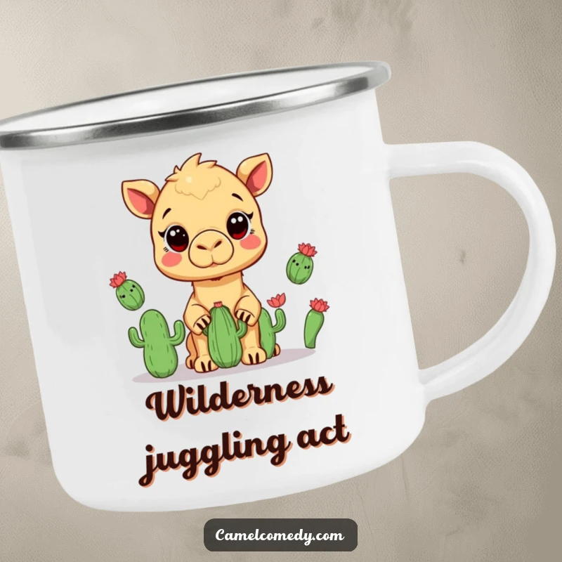 Funny camping mug with a kawaii camel juggling cacti, wide-eyed and ready for outdoor humor.