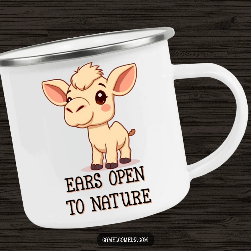 Funny Kawaii Camel Camping Mug with a cute camel listening, ideal for outdoor use.