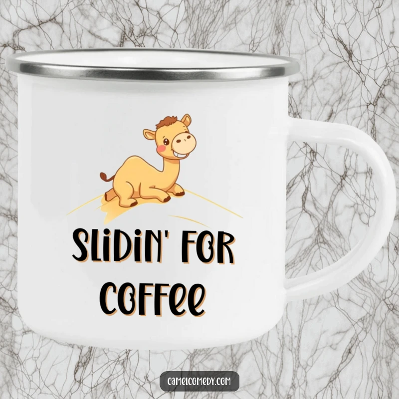 Funny camping mug with a kawaii camel grinning while sliding down a sand dune, perfect for outdoor fun.