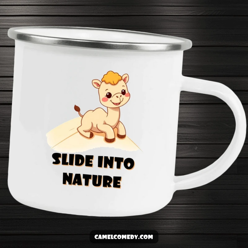 Funny kawaii camel gleefully sliding down a sand dune with a big grin, printed on a rugged enamel camping mug.
