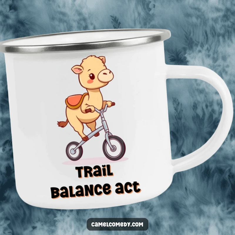 Funny kawaii camel cheerfully wobbling on a miniature unicycle, printed on a rugged enamel camping mug.