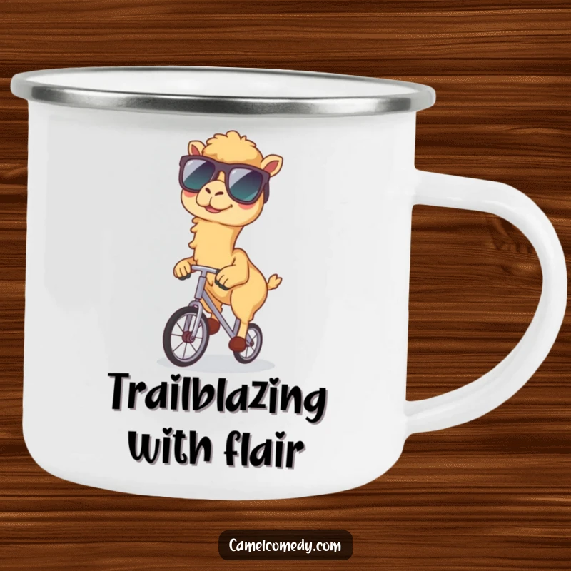 Funny camping mug depicting a kawaii camel in sunglasses riding a unicycle, designed for adventure and amusement.