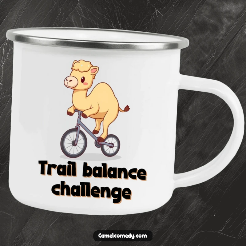 Funny camping mug with a kawaii camel happily wobbling on a tiny unicycle, ready for outdoor humor.
