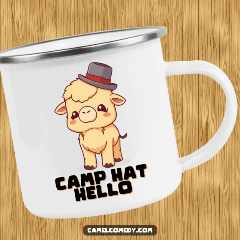 Funny Little Camel Camping Mug: a small camel tips a bowler hat with a giggle, perfect for funny outdoor moments.