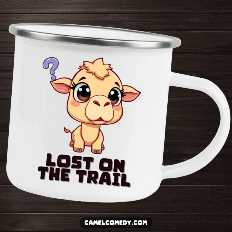 Funny surprised camel with wide eyes, looking at a floating question mark, durable and humorous camping mug.