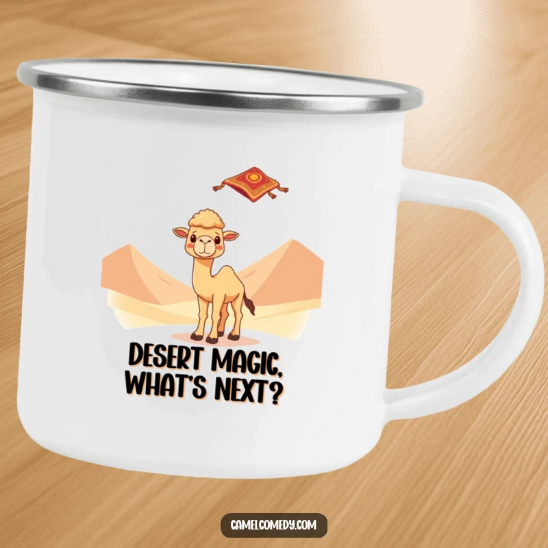 Kawaii camel looking surprised by a flying carpet amidst desert dunes, depicted on a sturdy camping mug for enjoying drinks on the go.