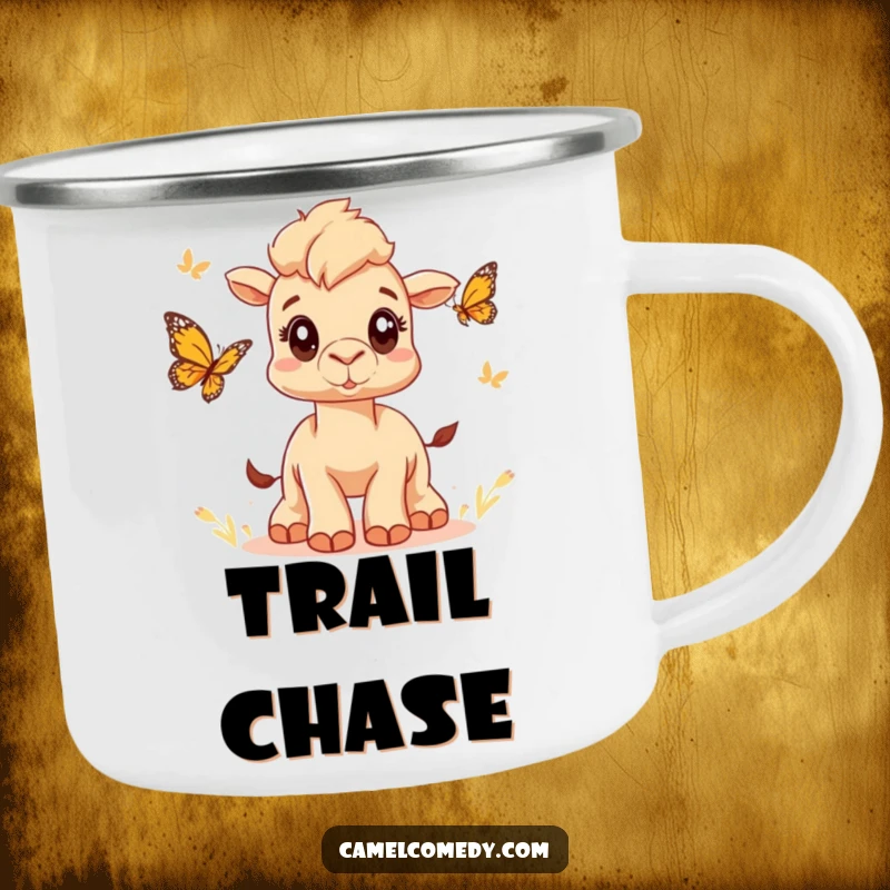 Funny camping mug featuring a cute camel with wide eyes chasing a butterfly, ready for outdoor adventures with whimsical humor.