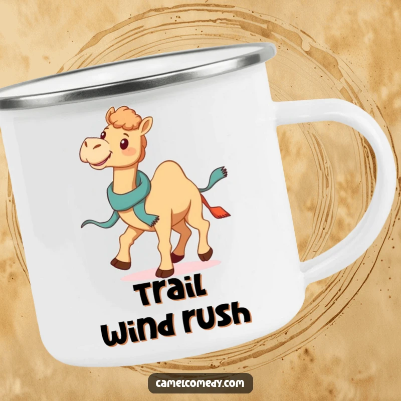 Funny Galloping Camel Camping Mug: a smiling camel gallops with scarf trailing, perfect for funny outdoor refreshment.