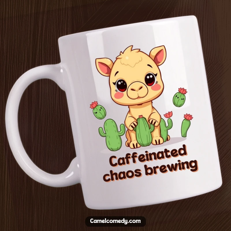 Funny mug with a kawaii camel wide-eyed, juggling three small cacti, showcasing desert humor and skill.