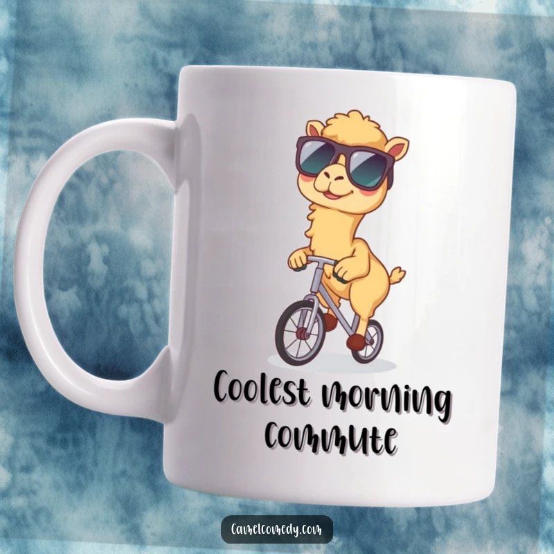 Funny mug displaying a kawaii camel in oversized sunglasses, coolly riding a tiny unicycle, exuding humor and style.