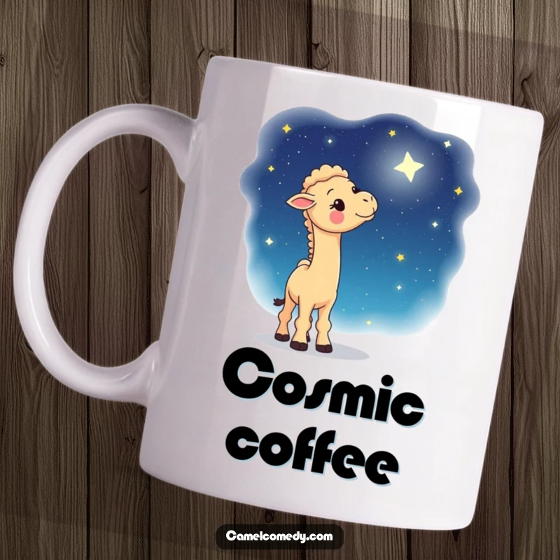 Funny mug featuring a whimsical camel gazing with wide-eyed wonder at a vast, starry night sky, a magical and dreamy design.