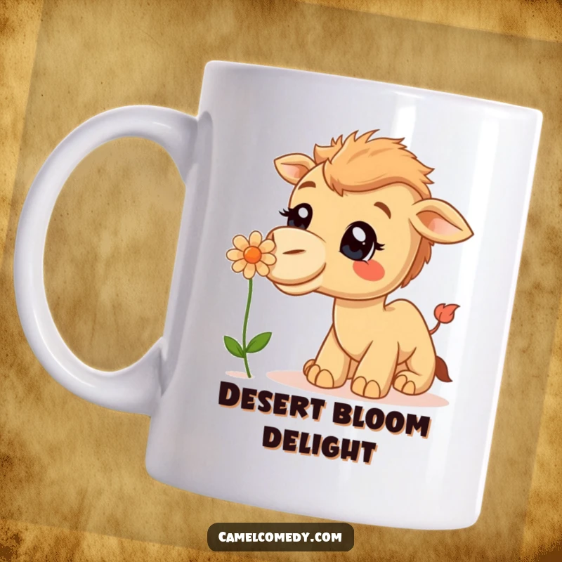 Funny Mug: A curious camel with a big smile is gently sniffing a desert flower, radiating happiness.