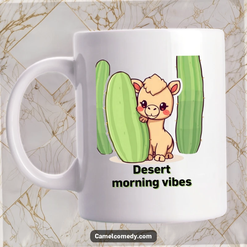 Funny mug featuring a kawaii camel character playfully peeking from behind a large, green cactus in a desert scene.