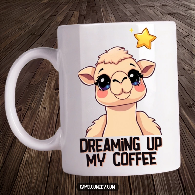 Funny camel mug with sparkling eyes looking upwards in awe at a whimsical floating cartoon star, capturing pure wonder and joy.