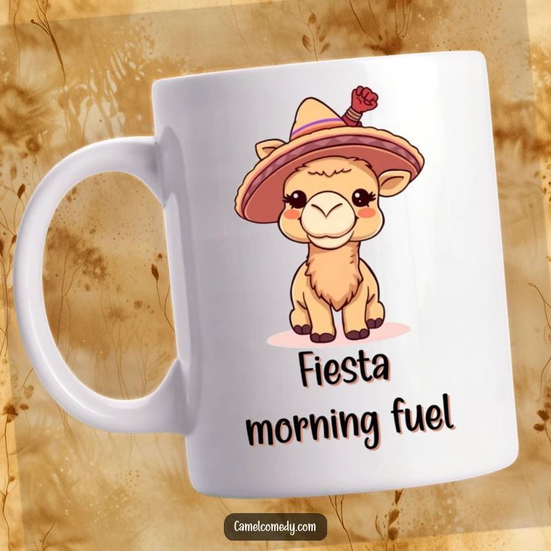 Funny mug showing a giggling camel wearing a small sombrero and tipping it playfully, radiating happy fiesta vibes.