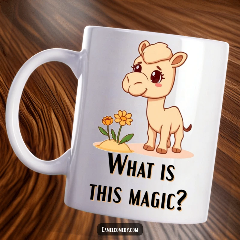 Funny Camel Mug featuring a camel with a bewildered expression, gazing at a misplaced desert flower, capturing surprise humor.