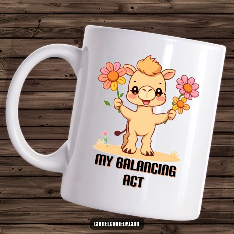 Funny mug featuring a cheerful camel character enthusiastically juggling three vibrant desert flowers with a goofy expression.