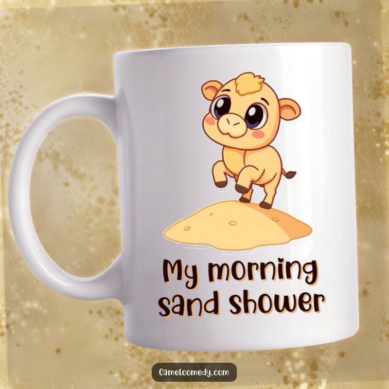 Funny round camel with big eyes comically kicking a small sand dune, perfect for a humorous coffee mug.