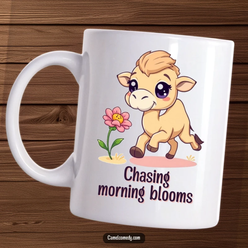 Funny camel with big sparkling eyes playfully chasing a bouncing desert flower on a humorous coffee mug.