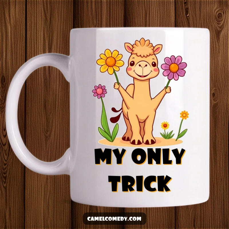 Funny mug: a cute camel gleefully juggles three colorful desert flowers with a big smile, spreading joy and laughter.
