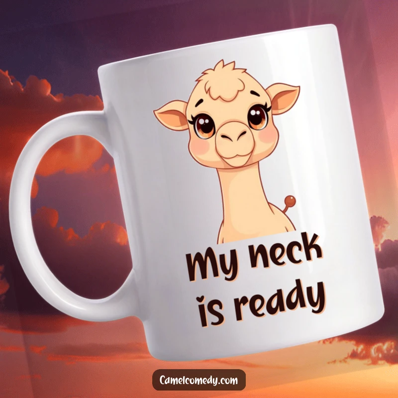 Funny Kawaii Camel Mug with big friendly eyes stretching its long neck, a cute and humorous design for a delightful gift.