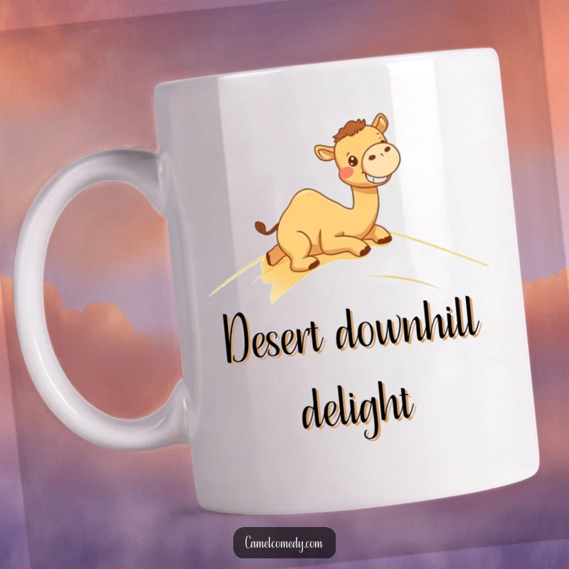 Funny mug with a kawaii camel joyfully sliding down a sand dune, showing off a big grin. Desert adventure humor for gifting.