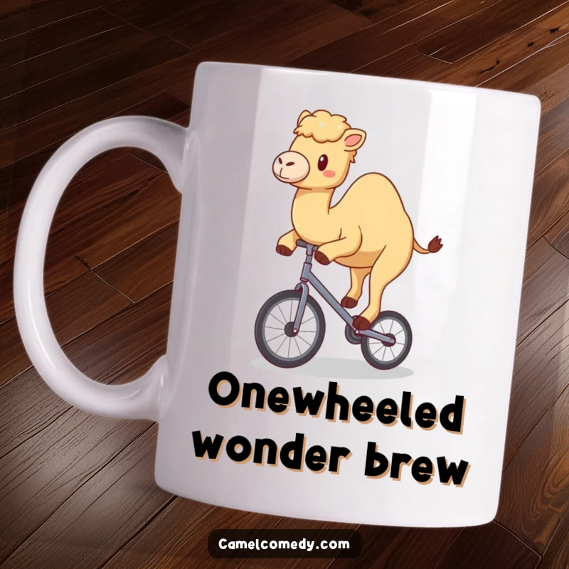 Funny mug showing a kawaii camel happily wobbling while attempting to ride a tiny unicycle, full of humor.