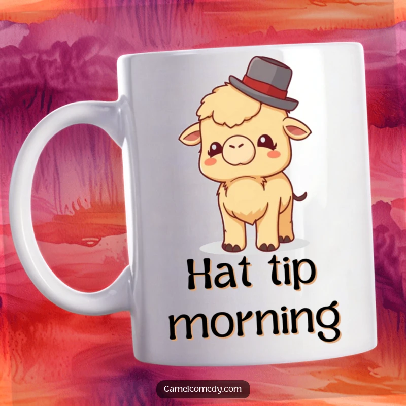 Funny Little Camel Mug: a tiny camel with a sweet smile tips a bowler hat, sharing a funny giggle and a warm hello.