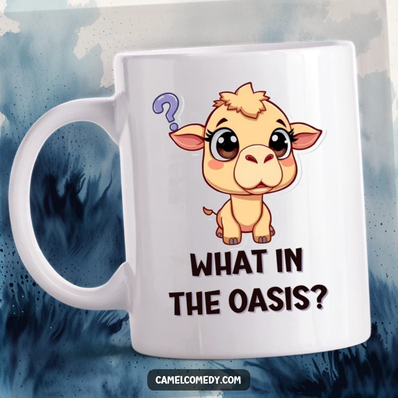 Funny surprised camel with wide eyes staring in bewilderment at a floating question mark, perfect for a mystery lover's mug.