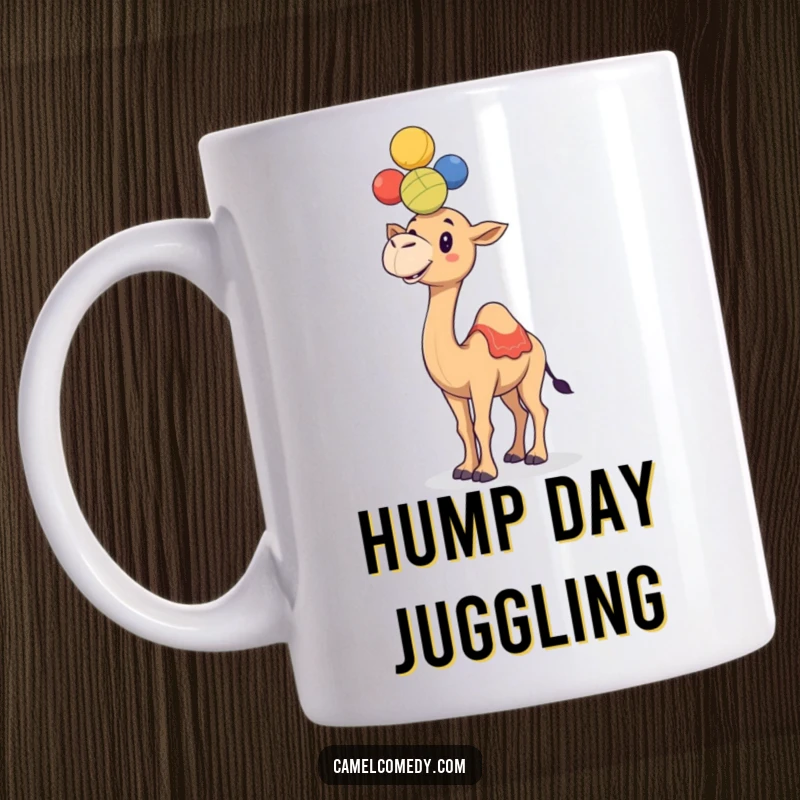 Funny, cheerful camel balancing colorful juggling balls on its hump, ideal for a humorous coffee mug.