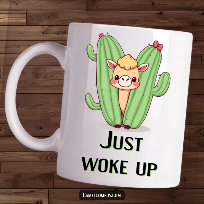 Funny mug with a kawaii camel shyly peeking from behind a giant smiling cactus, showcasing desert humor and cuteness.