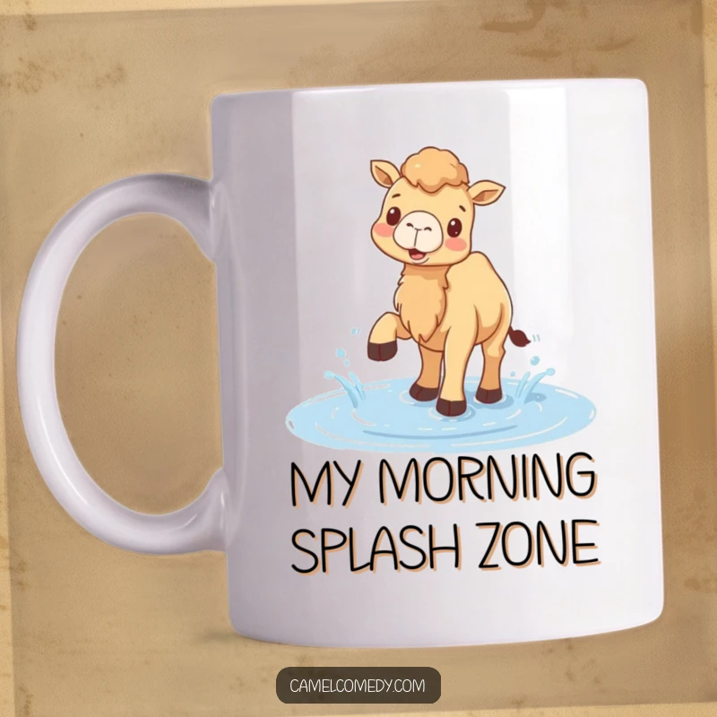 Funny mug showing a joyful camel gleefully splashing water with its feet in a puddle, radiating pure happiness.