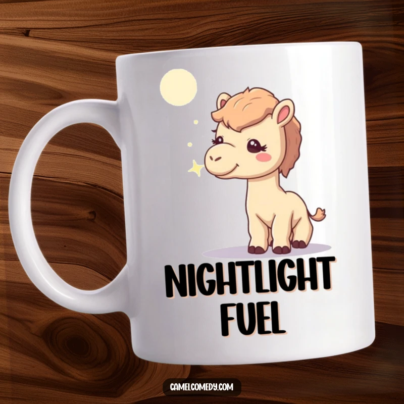 Funny mug with a curious camel sniffing a sparkling moonbeam, a whimsical and intriguing design for any coffee or tea lover.