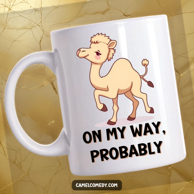 Funny camel mug showing a camel in motion with one leg raised, looking back and giving a playful wink, full of cheeky humor.