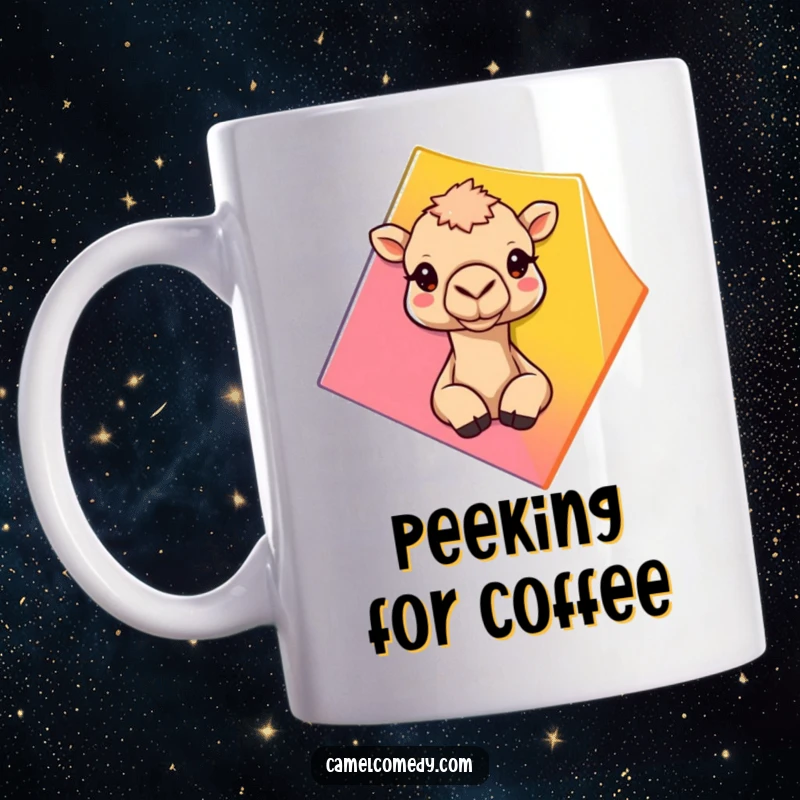 Funny camel curiously peeking from behind a bright geometric shape on a humorous coffee mug.