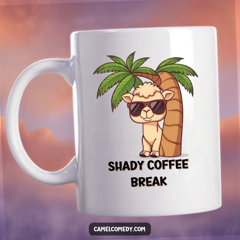 Funny mug with a kawaii camel wearing sunglasses, peeking from behind a palm tree, conveying cool tropical humor.