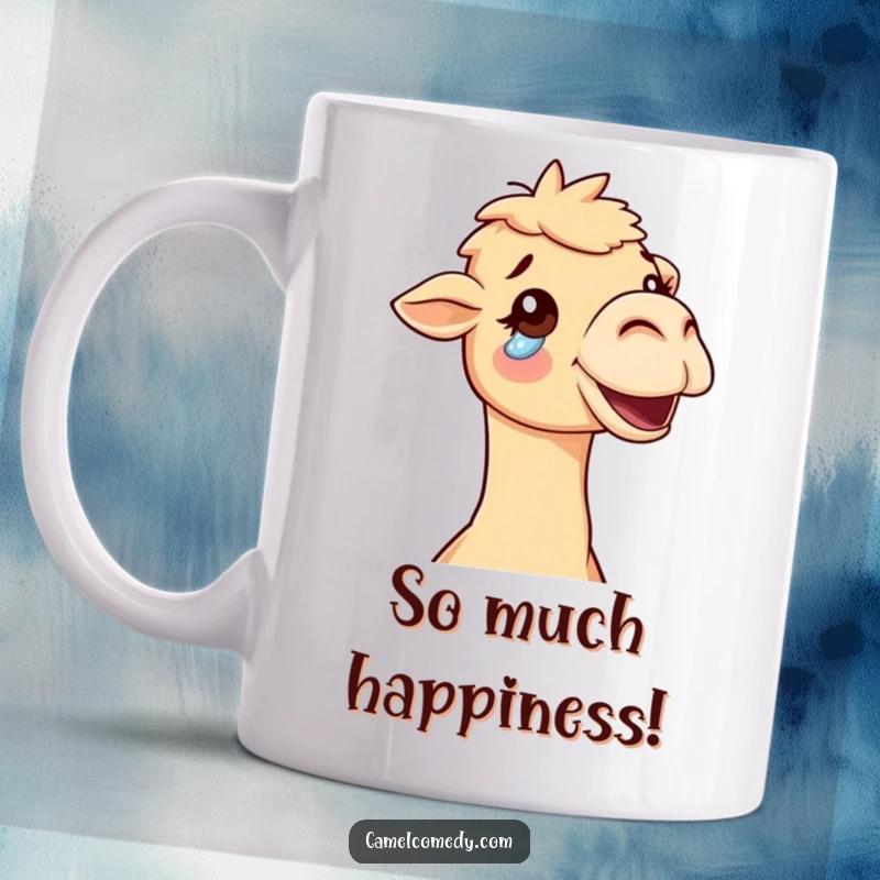 Funny delighted camel with one tear of joy rolling down its cheek, heartwarming and humorous coffee mug.