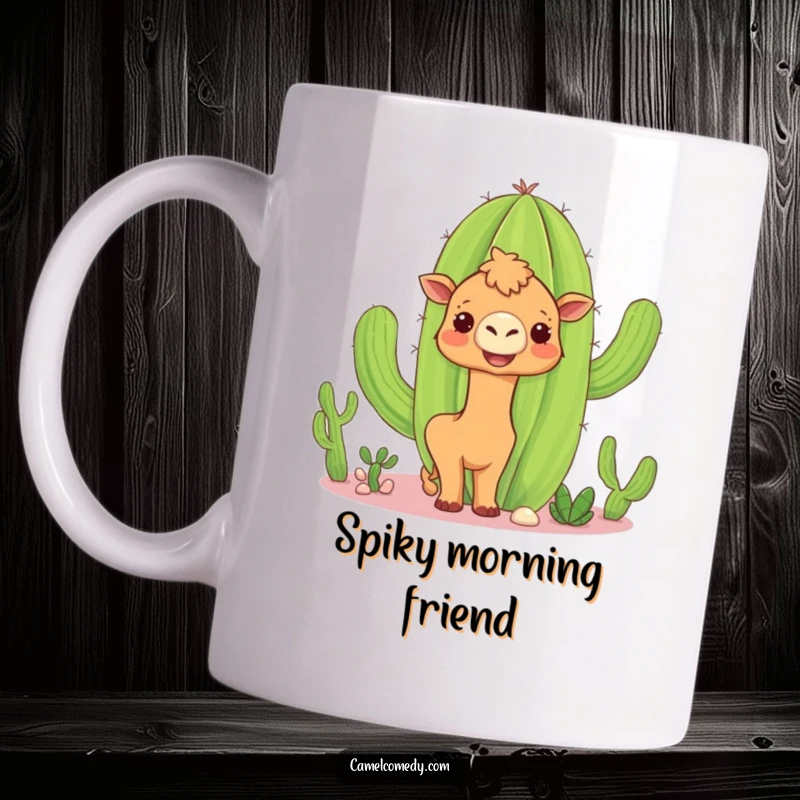 Funny camel cactus mug showing a curious camel peeking around a giant, smiling cactus, creating a humorous desert scene.
