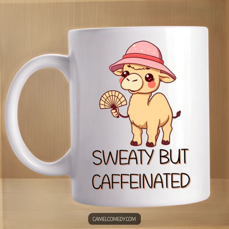 Funny mug showing a kawaii camel in a bucket hat, holding a fan and looking warm, expressing summer humor.