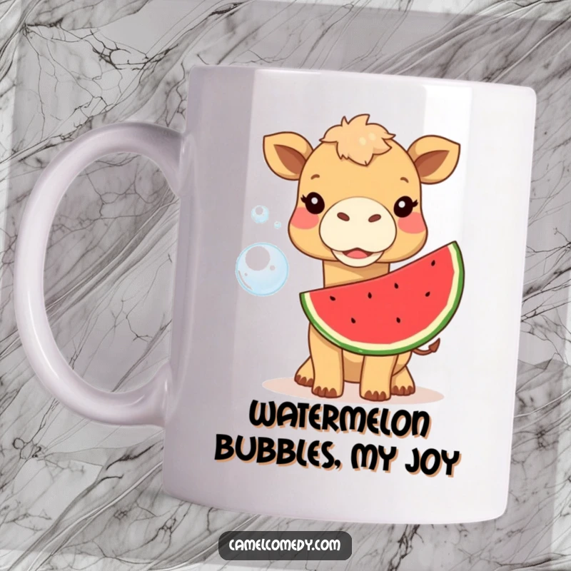 Funny camel mug blowing a large watermelon bubble, looking happy and relaxed, perfect for a cheerful gift.