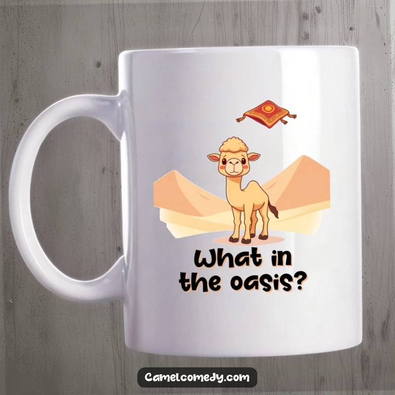 Kawaii camel with big eyes looking surprised by a flying carpet in a desert dune landscape on a ceramic mug, evoking wonder.