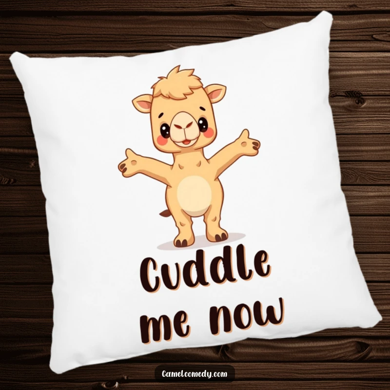 Funny Camel Pillow with a camel offering open arms for a hug, providing soft comfort and humorous affection.