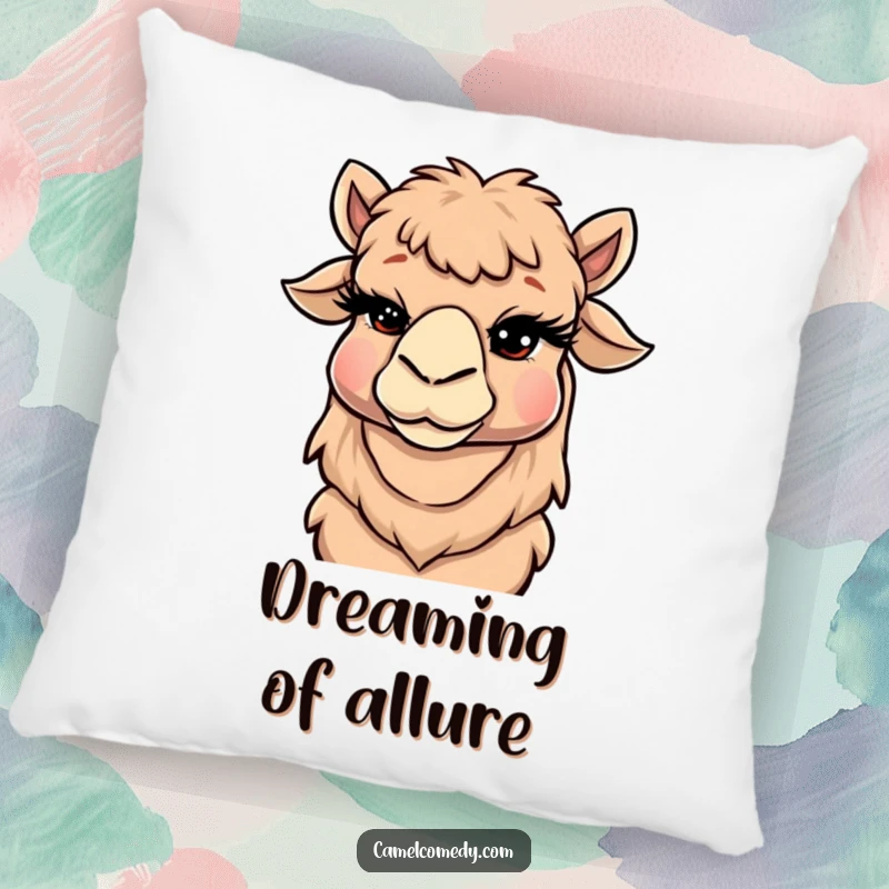 Funny Camel Pillow with a cartoon camel winking, adorned with oversized eyelashes, offering cozy humor and a playful accent.