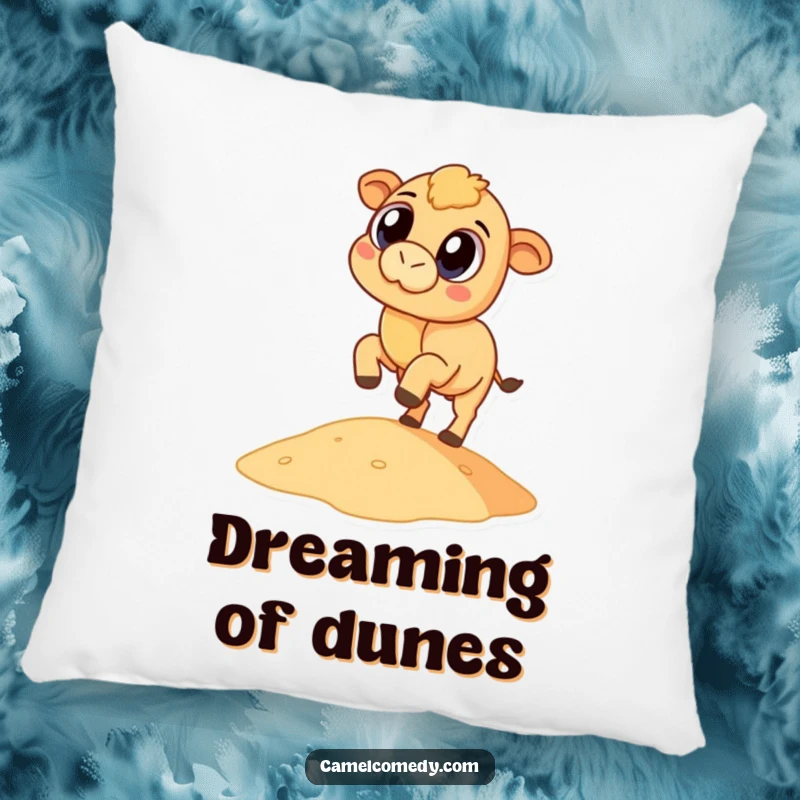 Funny, plump camel with big eyes kicking a small sand dune, depicted on a soft and decorative pillow.