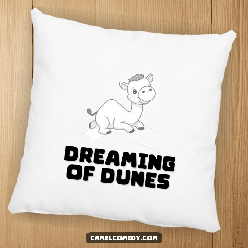 Funny pillow featuring a joyful kawaii camel sliding down a sand dune with a big grin, adding cozy humor.
