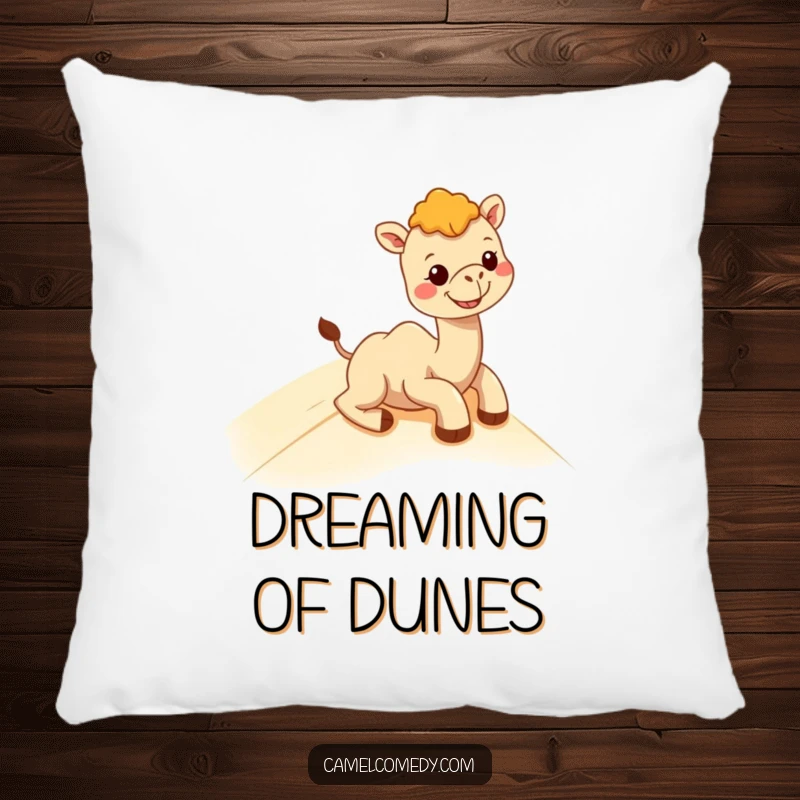 Funny kawaii camel caught mid-slide on a sand dune, grinning widely, depicted on a soft and comfortable pillow.