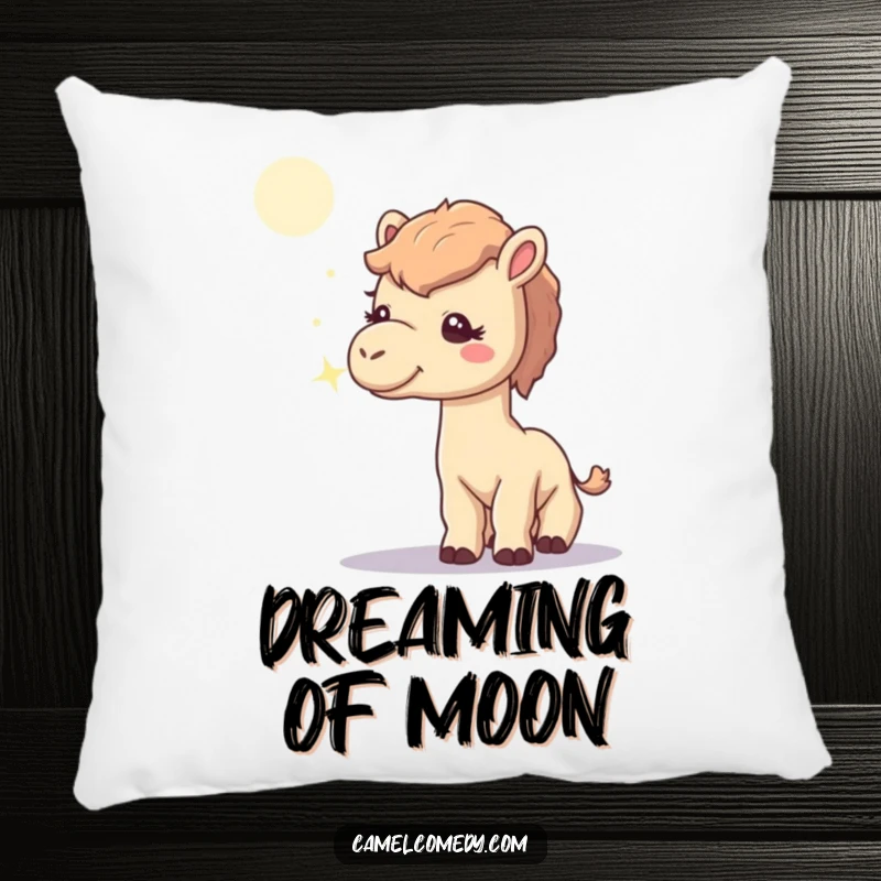 Funny pillow with a curious camel gently sniffing a luminous moonbeam, a soft and humorous decorative accent for any room.