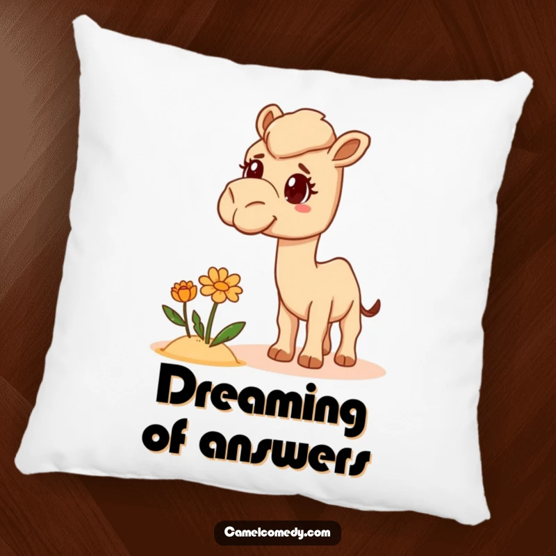Funny Camel Pillow with a camel looking bewildered at a desert flower, offering soft comfort and humorous surprise.