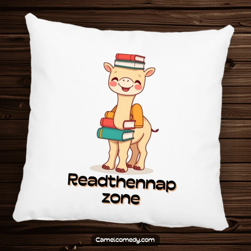 Funny Bookish Camel Pillow: a joyful camel balances a stack of books on its hump, offering funny comfort and literary charm.