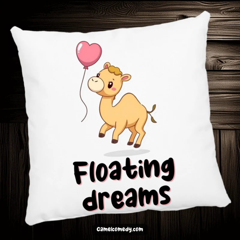 Funny pillow showing a playful camel with a balloon tied to its tail, floating gently, embodying whimsy and joy.